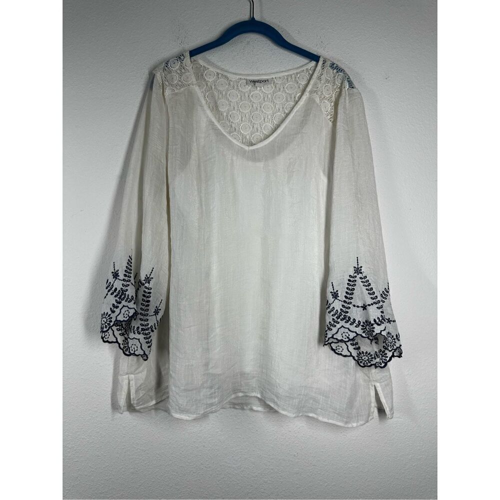 Westport Bohemian Embroidered Lace Top Blouse Lined (2 ps) White Blue Size XL